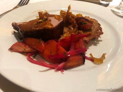 Roasted neck of pork with boxty bacon gravy and mustard, Hurtigruten