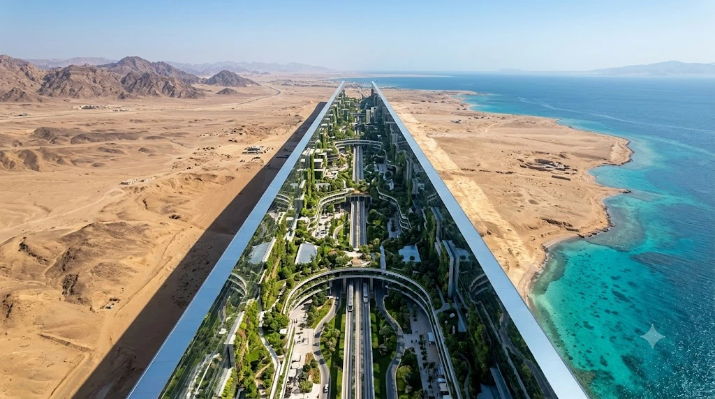 The Line är en planerad megastad i Saudiarabien (NEOM). Bilden är AI-genererad.
