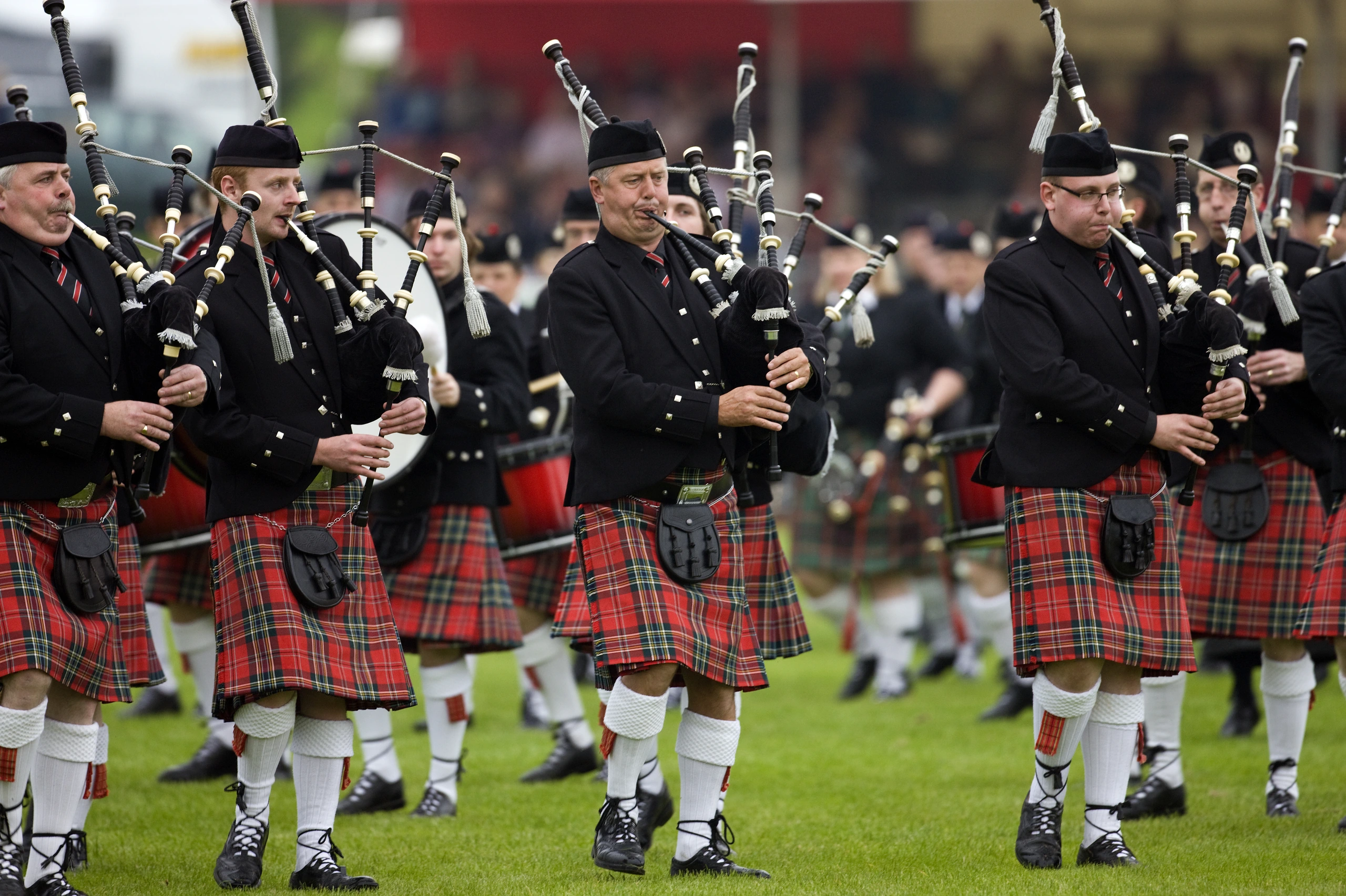 Pipers vid Highland Games, Dunoon, Skottland