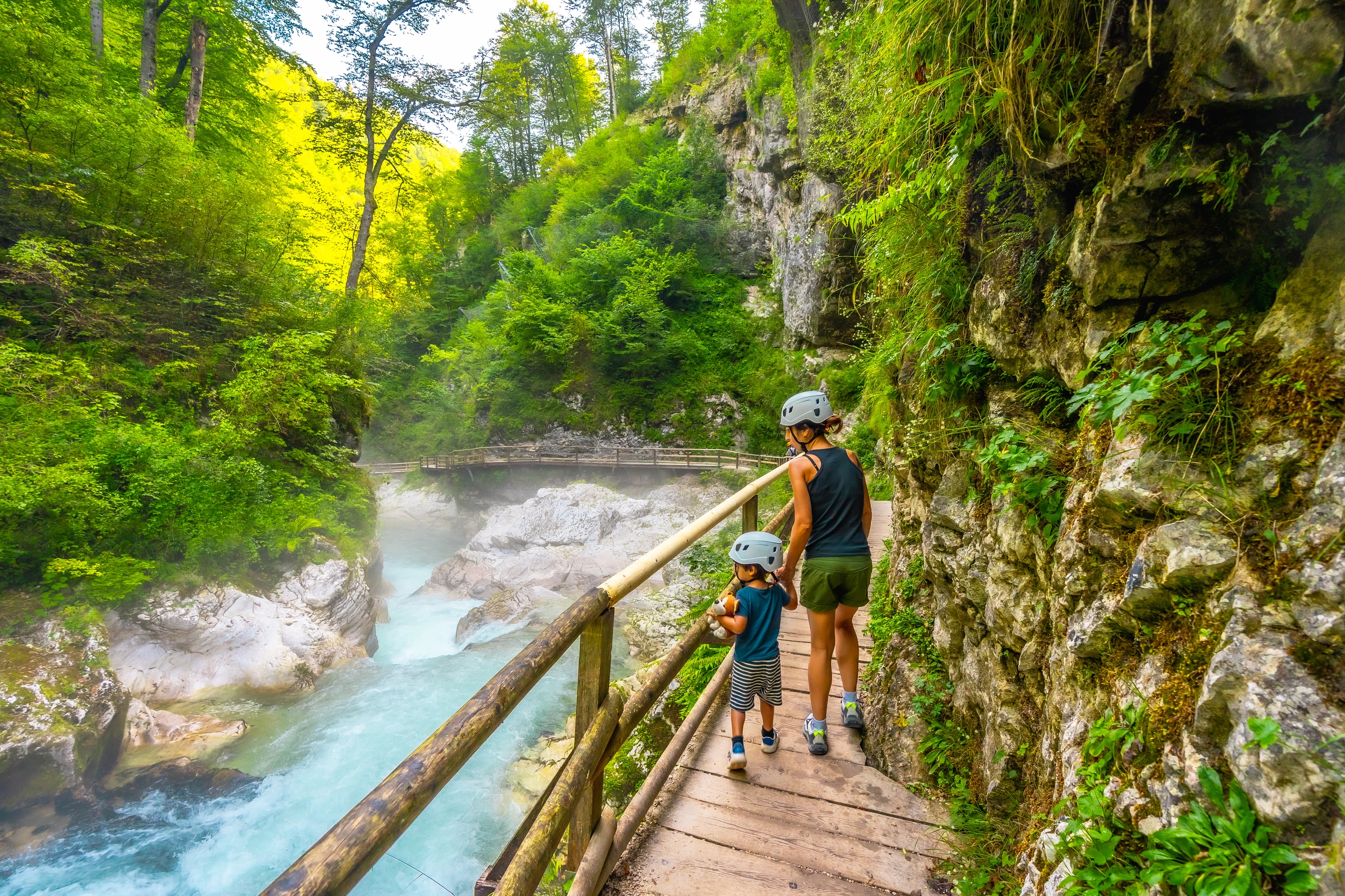 Träbro över Radovna i Vintgar Gorge, Slovenien