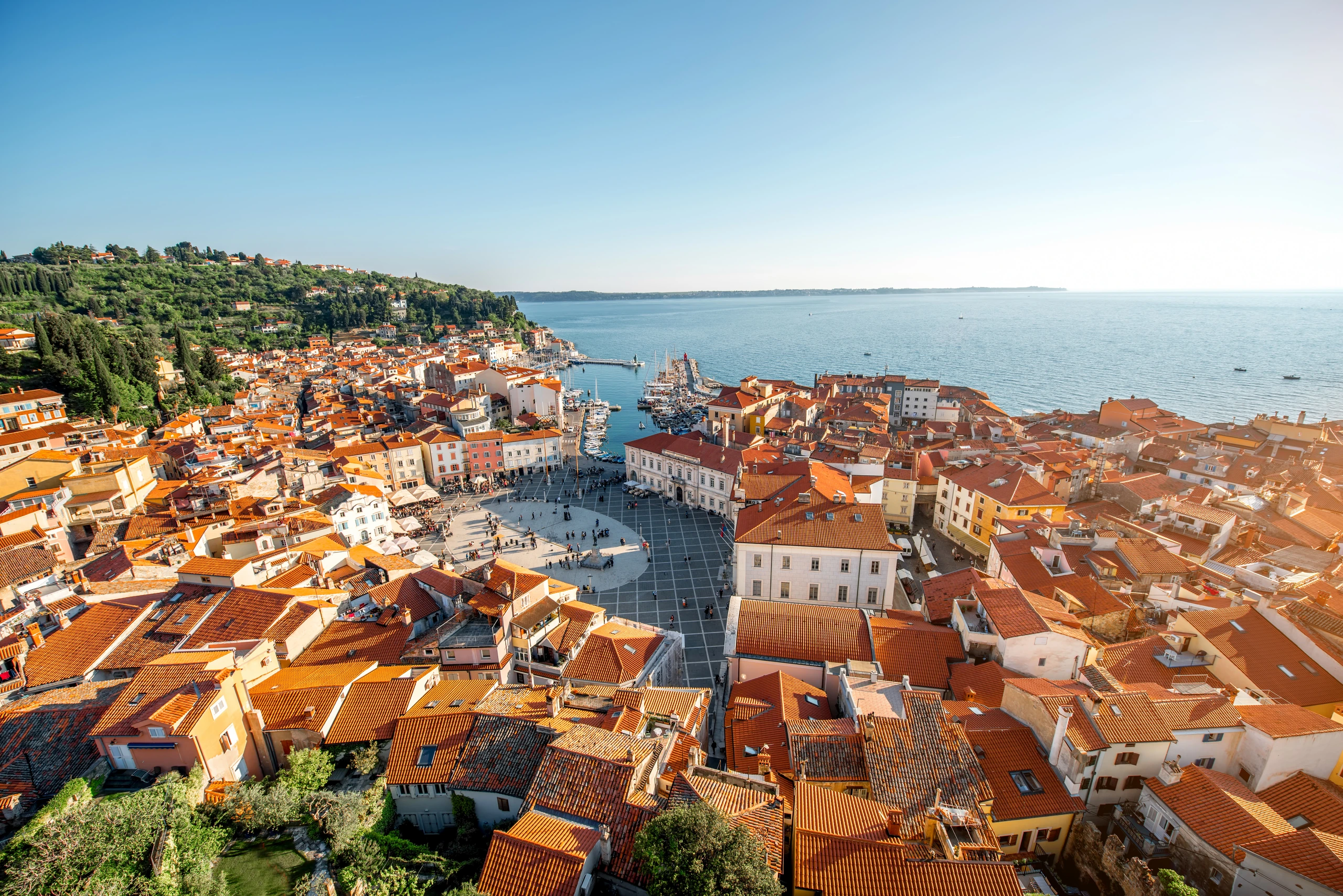 Flygfoto över Piran med Tartini-torget, Slovenien