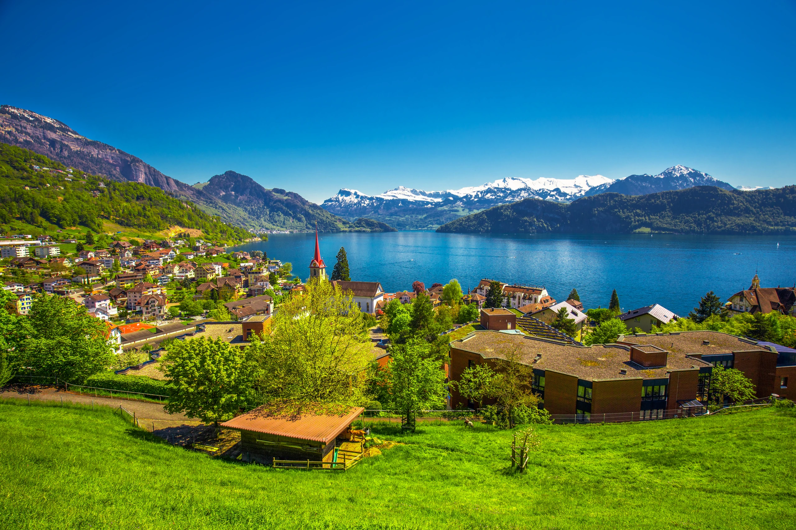 Weggis vid sjön Lucerne och Pilatusberg, Schweiz