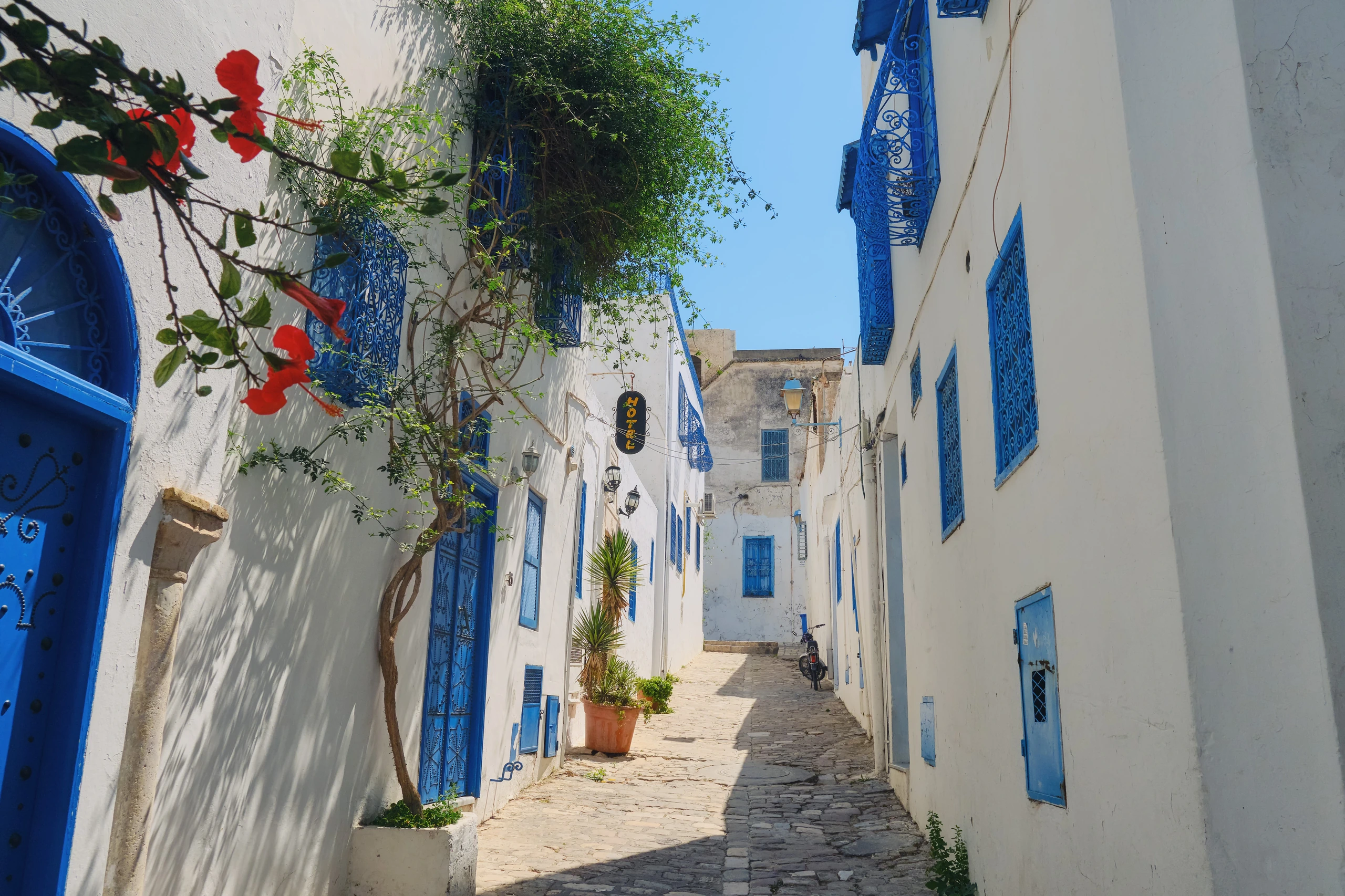 Gata i Sidi Bou Said med blå ornament, Tunisien