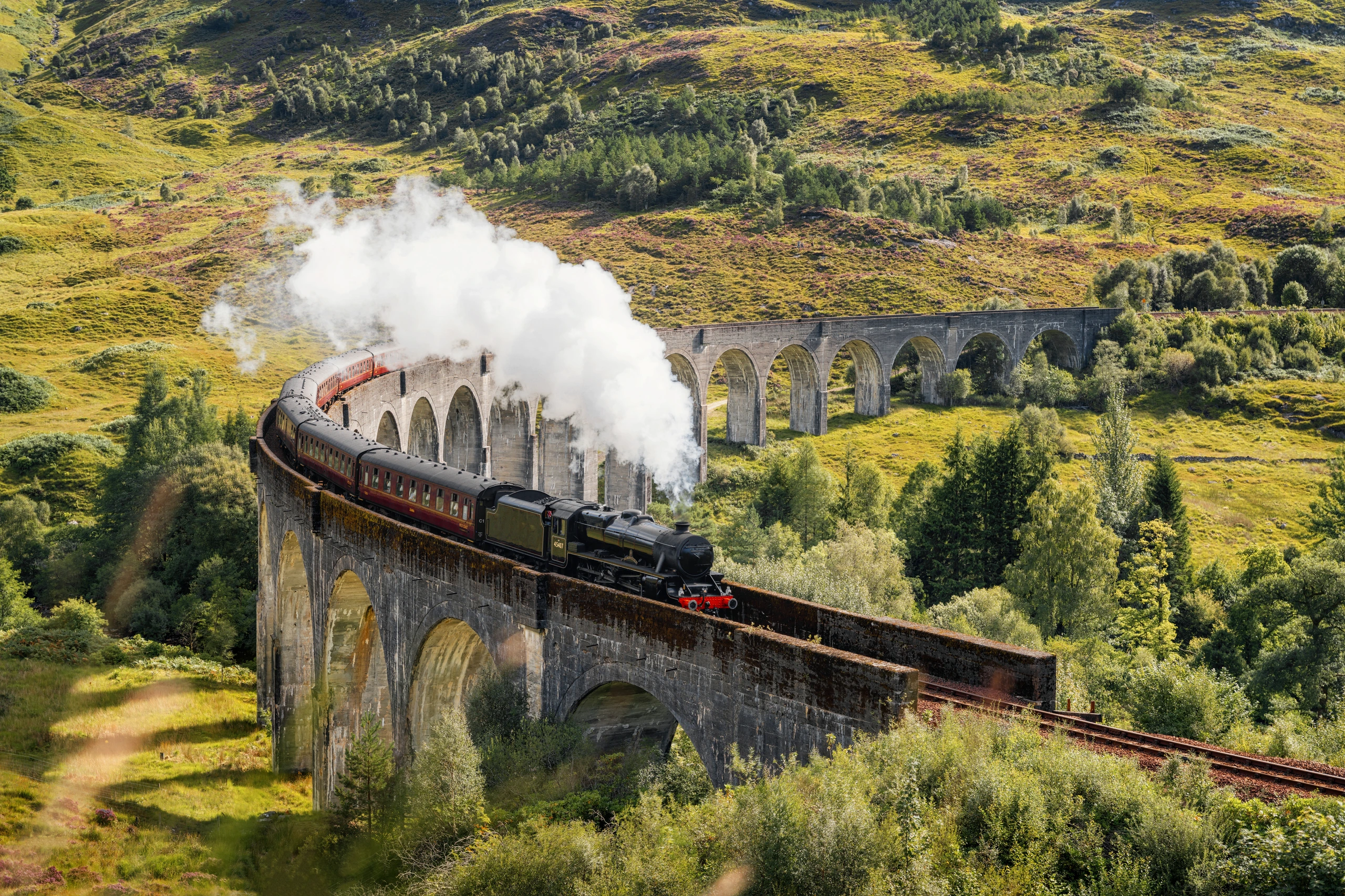 Ångtåg på Glenfinnan Viaduct, Storbritannien